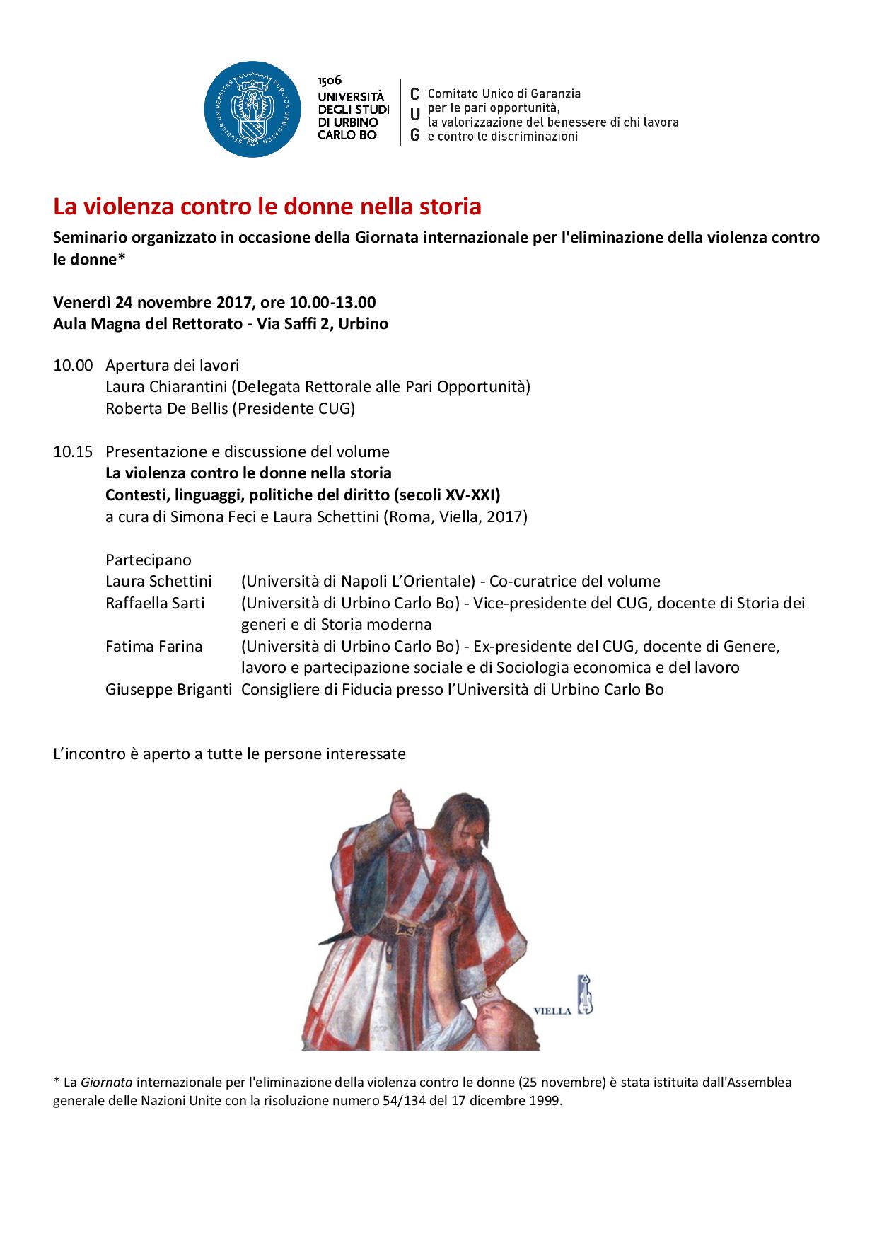 Violenza contro le donne nella storia: se ne parla in Urbino il 24 novembre 2017